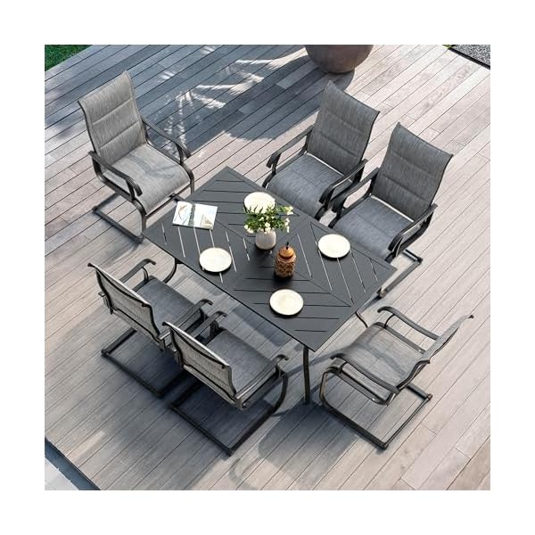   NUU-GARDEN-7-Piece-Outdoor-Dining-Set-6-All-Weather-Padded-Textilene-Patio-Chairs-and-61-Rectangular-Dining-Table-with-177-Umbrella-Hole-for-Garden-Patio-Light-Grey-and-Black