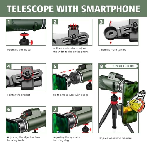 Pankoo 40X60 Monokular Teleskop mit Smartphone Halter Stativ, 2024 Power Prisma Kompakte Monokulare Monokulare für Erwachsene HD Monokular Scope für Vogelbeobachtung Wandern Konzert Reisen – Bild 7