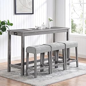 4 Piece Bar Table Set Dining Bar Table and Chairs Set with Power Outlet Industrial Breakfast Table with 3 Padded Stools Rustic Bar Kitchen Dinning Room Living Room Grey