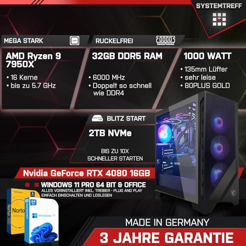 SYSTEMTREFF Gaming Komplett PC Set AMD Ryzen 9 7950X 16x5.7GHz | Nvidia GeForce RTX 4080 16GB DX12 | 2TB M.2 NVMe | 32GB DDR5 RAM | WLAN Desktop Paket Computer für Gamer, Gaming – Bild 3
