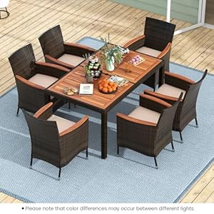 Tangkula 7 Pieces Outdoor Wicker Dining Set Patio Dining Furniture Set with Acacia Wood Table and 6 Stackable Chairs Outdoor Table and Chairs Set with 196 Umbrella Hole and Cushions