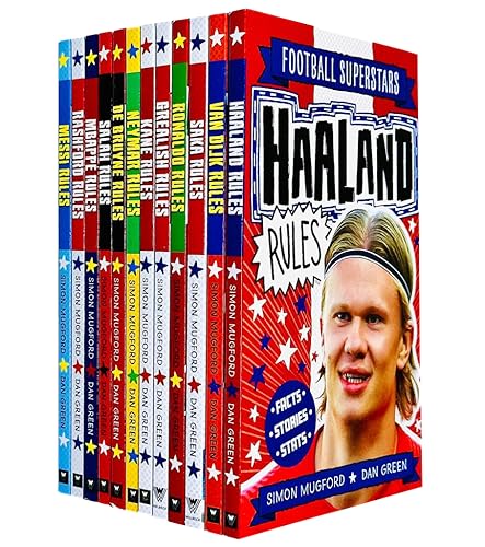 Football Superstars 12 Books Collection Rules Mega Pack Set By Simon Mugford & Dan Green(Fact,Stories & Starts)(Rolando, Neymar, Messi, Kane, Mbappé, Rashford, Haaland, Salah, De Bruyne & More)