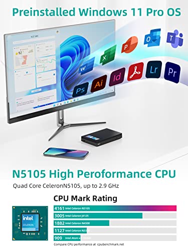 MeLE Mini PC, Quieter3Q Celeron N5105 8GB 256GB Windows 11 Pro Micro Computer Lüfterlose Kleine Desktop mit Gigabit Ethernet WiFi 6, BT 5.2, PXE, Dual 4K HDMI, VESA für Büro/Studium/Home – Bild 4