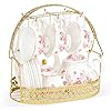 fanquare Vintage Porcelain Tea Set with Holder 22 Piece Red Floral New Bone China Tea Coffee Gift Sets for Wedding Birthday 6 Tea Cup and Saucers for Women Tea Party
