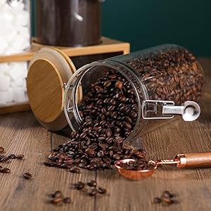 Glass Coffee Storage Container with Bamboo Shelf 2PCS 49oz Airtight Sealed Coffee Bean Jar with Clamp Lid Measuring Spoon Kitchen Pantry Canister Set for Ground Coffee Sugar Tea Flour