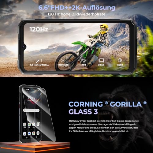 HOTWAV Cyber 15 Outdoor Handy Ohne Vertrag,Outdoor Smartphone Android 13 12GB+256GB+1TB Erweiterbar,6280mAh(33W) Baustellenhandy, 6.6" FHD+ 120Hz, 200MP+24MP Nachtsicht, IP68/IP69K/4G LET/NFC/GPS/OTG – Bild 6