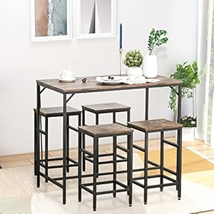 HOMCOM 5 Piece Industrial Dining Table Set Bar Table 4 Stools Set Space Saving for Pub Kitchen BlackBrown