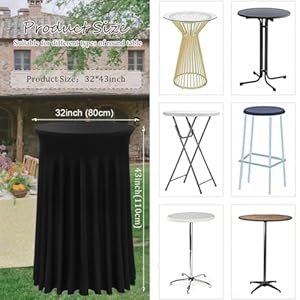 Albassa 2 Pack Cocktail Table Covers 32x 43 Spandex Stretch Round Cocktail Tablecloths with Wavy Drapes Fitted High Top Bar Table Skirt for Wedding Party Banquet Black 2 PCS