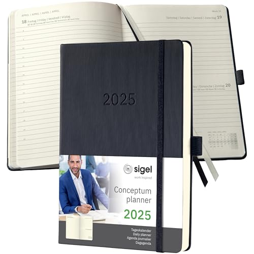 SIGEL C2510 Daily Diary 2025, Approx. A5, Black, Hardcover, 400 Pages, Elastic Band, Pen Loop, Archive Pocket, Made from Sustainable Paper, Conceptum