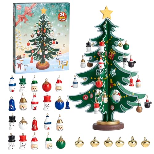 Douthfolle Calendrier de l'Avent 2023,Sapin de Noël en Bois avec 30 Ornements Calendrier de l'Avent Compte à Rebours de 24 Jours pour Garçons,Filles,Cadeaux de Fête,Cadeau de Noël