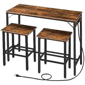 HOOBRO Bar Table and Chairs Set 472 Dining Table Set with Power Outlet 3 Piece Pub Table Set Kitchen Bar Height Table with Stools of 2 Space Saving for Living Room Rustic Brown BF46UBT01