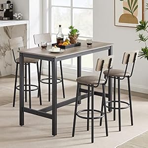 CALABASH Bar Table and Chairs SetIndustrial Counter Height Pub Table with 4 ChairsBar Table Set 5 Pieces Dining Table Set Home Kitchen Breakfast Table SetGrey Rectangular 1Table 4 Stools