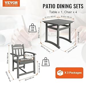 VEVOR Outdoor HIPS Patio Dining Set 5 Pieces Patio Table and Chairs Set All Weather Garden Square Furniture Table Sets Patio Conversation Set for Lawn Deck Backyard Poolside Light Gray