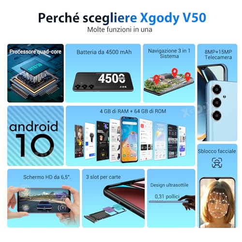 Xgody Smartphone V50, 4 GB RAM 64 GB ROM Handy mit 256 GB erweiterbar, Bildschirm 6,52 Zoll HD+, 13 MP + 5 MP, 4500 mAh, Android 10 Quad Core Dual SIM 4G Bluetooth/Wi-Fi/Face ID/OTG/3 Slots (schwarz) – Bild 3