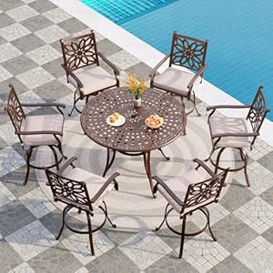   PHI-VILLA-Cast-Aluminum-High-Bar-Dining-Set-for-6-Person-7-Piece-Outdoor-Patio-Set-with-54-Dia-Cast-Top-Aluminum-Table21-Umbrella-Hole-and-6-Outdoor-Swivel-Bar-Stool-Chairs-with-Seat-Cushions