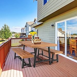 MFSTUDIO 3 Pieces Outdoor Patio Dining Set,Acacia Wood Table Bench Furniture Set with 1 Rectangular Picnic Wooden Table and 2 Benches for Backyard, Garden, Lawn-Teak Color MFSTUDIO 3 Pieces Outdoor Patio Dining SetAcacia Wood Table Bench Furniture Set with 1 Rectangular Picnic Wooden Table and 2 Benches for Backyard Garden Lawn Teak Color