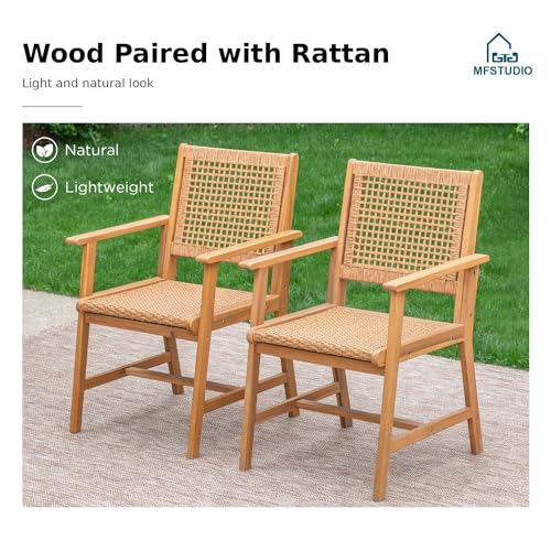 MFSTUDIO-5-Pieces-Wood-Patio-Dining-Set-Outdoor-Teak-Patio-Table-Chairs-Set-for-4-Square-Acacia-Wood-Patio-Table-4-x-Acacia-Wood-Patio-Chairs-with-Woven-Rattan-Design-for-Garden-Backyard MFSTUDIO 5 Pieces Wood Patio Dining Set Outdoor Teak Patio Table Chairs Set for 4 Square Acacia Wood Patio Table 4 x Acacia Wood Patio Chairs with Woven Rattan Design for Garden Backyard