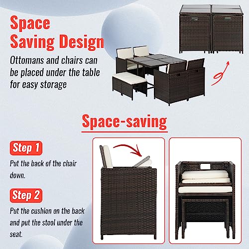 Outdoor-Patio-Furniture-Set-9-Pieces-Patio-Dining-Sets-Space-Saving-Wicker-Furniture-with-4-Rattan-Chairs-4-Ottomans-and-Glass-Table-for-Outdoor-Backyard-Porch-Poolside-BalconyKhaki-Cushion Outdoor Patio Furniture Set 9 Pieces Patio Dining Sets Space Saving Wicker Furniture with 4 Rattan Chairs 4 Ottomans and Glass Table for Outdoor Backyard Porch Poolside BalconyKhaki Cushion