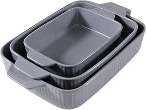 Yachi Ceramic Baking Dish Set: 3 Pcs Rectangular Bakeware Set Casserole Dishes with Handle for Steak | Beef | Roast | Chicken | spaghetti | Lasagna | vegetables Microwave, Oven and Dishwasher Safe (Gray)