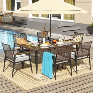   NATURAL-EXPRESSIONS-7-Piece-Patio-Dining-Table-Outdoor-Furniture-Set-6-Rattan-Wicker-Chairs-with-Cushions-and-70-Large-Dining-Table-with-165-Umbrella-Hole-for-Patio-Garden-Porch-Pool-Beige