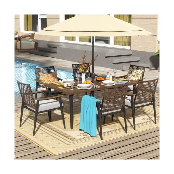   NATURAL-EXPRESSIONS-7-Piece-Patio-Dining-Table-Outdoor-Furniture-Set-6-Rattan-Wicker-Chairs-with-Cushions-and-70-Large-Dining-Table-with-165-Umbrella-Hole-for-Patio-Garden-Porch-Pool-Beige