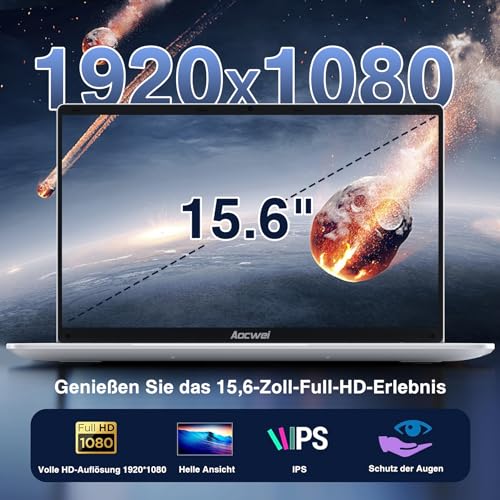 Laptop 15.6 Inch 6GB RAM 256GB SSD Erweiterung 1TB, Notebook Win 11 con 5G WiFi 3.0 Übertragung Anschluss BT 4.2 1920*1080 FHD, Laptops With Mini Multimedia Anschluss & Deutscher Keyboardfilm-Silver – Bild 6