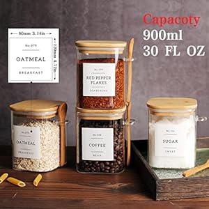 Set of 4 Square Glass Jar with Bamboo Lids and Spoons – Airtight 27 oz Borosilicate Glass Food Storage Contaienrs with 132 Kitchen Pantry Labels for Coffee, Tea, Sugar Set of 4 Square Glass Jar with Bamboo Lids and Spoons–Airtight 27 oz Borosilicate Glass Food Storage Contaienrs with 132 Kitchen Pantry Labels for Coffee Tea Sugar