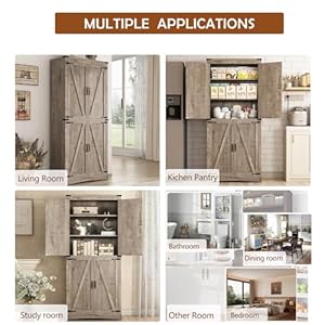 71" Tall Kitchen Pantry,Farmhouse Storage Cabinet with Adjustable Shelves,Load-Bearing Steel Pipe,Farmhouse Pantry Cabinet with 4 Barn Doors,for Kitchen,Dining Room,Living Room(Light Rustic Oak) 71 Tall Kitchen PantryFarmhouse Storage Cabinet with Adjustable ShelvesLoad Bearing Steel PipeFarmhouse Pantry Cabinet with 4 Barn Doorsfor KitchenDining RoomLiving RoomLight Rustic Oak