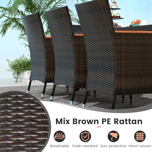 Tangkula-11-Pieces-Patio-Dining-Set-with-15ft-Double-Sided-LED-Patio-Umbrella-Base-Included-Outdoor-Rattan-Furniture-Set-with-8-Stackable-Chairs-Acacia-Wood-Dining-Table-and-Umbrella-Coffee Tangkula 11 Pieces Patio Dining Set with 15ft Double Sided LED Patio Umbrella Base Included Outdoor Rattan Furniture Set with 8 Stackable Chairs Acacia Wood Dining Table and Umbrella Coffee