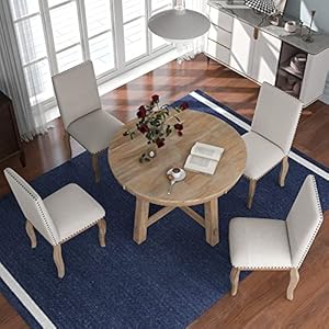 Harper Bright Designs 5 Piece Farmhouse Extendable Round Dining Table and Upholstered Chair Set With Shelf for Family Dining Area