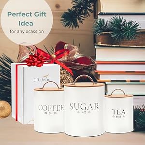 D'Lifeful Tea Coffee Sugar Canister Set - 3pc Airtight Canister Sets for Kitchen Counter - Farmhouse Containers for the Kitchen - Decorative Countertop storage with Airtight Lid for Freshness - White DLifeful Tea Coffee Sugar Canister Set 3pc Airtight Canister Sets for Kitchen Counter Farmhouse Containers for the Kitchen Decorative Countertop storage with Airtight Lid for Freshness White
