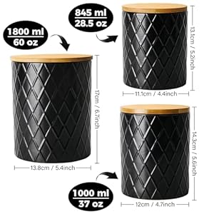 MIAMIO–Set of 3 Canister Sets for Kitchen Counter Ceramic Kitchen Canister Set with Airtight Seal Wooden Lid Perfect for Coffee Tea Sugar Flour Tea Salt and More Black