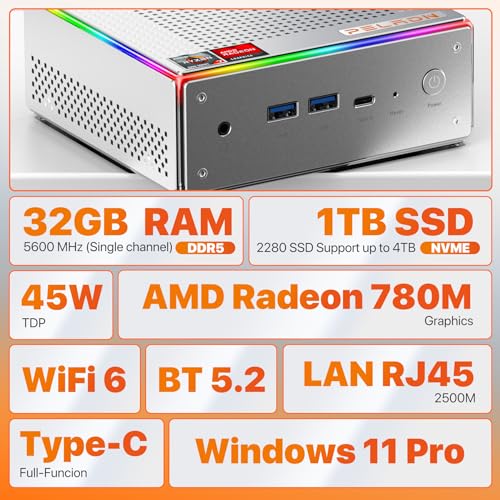 PELADN HA-4 Gaming Mini-PC, AMD Ryzen 7 7840HS (8C/16T, bis zu 5,1 GHz), Radeon 780M, Win11 Pro, 32 GB DDR5 5600 MHz RAM, 1 TB SSD, 4K HD, BT5.2, Dual HDMI, WiFi6 2,4G/5G, Business Small Desktop PC – Bild 3