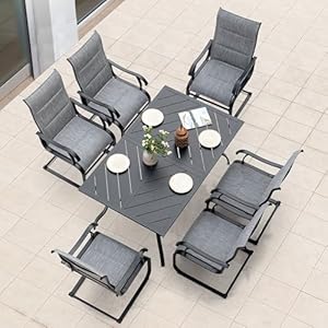   NUU-GARDEN-7-Piece-Outdoor-Dining-Set-6-All-Weather-Padded-Textilene-Patio-Chairs-and-61-Rectangular-Dining-Table-with-177-Umbrella-Hole-for-Garden-Patio-Light-Grey-and-Black
