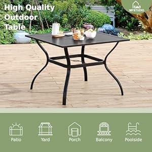 MFSTUDIO 5 Piece Black Metal Outdoor Patio Dining Bistro Set with 4 Armrest Chairs and Steel Frame Slat Larger Square Table 37 Table and 4 Backyard Garden Chairs Outdoor Furniture Set Black