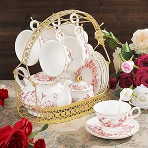 fanquare Vintage Porcelain Tea Set with Holder 22 Piece Red Floral New Bone China Tea Coffee Gift Sets for Wedding Birthday 6 Tea Cup and Saucers for Women Tea Party