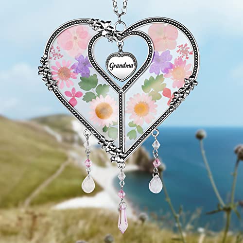 GUOER Heart Suncatcher with Pressed Flower Ornament Stained Glass Wind Chimes with Real Flowers,Birthday for Favorite Person (Grandma) - Image 4