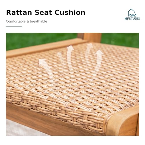 MFSTUDIO-5-Pieces-Wood-Patio-Dining-Set-Outdoor-Teak-Patio-Table-Chairs-Set-for-4-Square-Acacia-Wood-Patio-Table-4-x-Acacia-Wood-Patio-Chairs-with-Woven-Rattan-Design-for-Garden-Backyard MFSTUDIO 5 Pieces Wood Patio Dining Set Outdoor Teak Patio Table Chairs Set for 4 Square Acacia Wood Patio Table 4 x Acacia Wood Patio Chairs with Woven Rattan Design for Garden Backyard