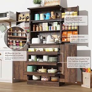Farmhouse Kitchen Pantry Cabinet with 3 Drawers,71" Tall Rustic Wood Storage Cabinet with 6 Door Shelves,with Load-Bearing Steel Pipe,Pantry Organizers for Kitchen,Dining Room(Brown) Farmhouse Kitchen Pantry Cabinet with 3 Drawers71 Tall Rustic Wood Storage Cabinet with 6 Door Shelveswith Load Bearing Steel PipePantry Organizers for KitchenDining RoomBrown