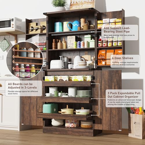 Farmhouse-Kitchen-Pantry-Cabinet-with-3-Drawers71-Tall-Rustic-Wood-Storage-Cabinet-with-6-Door-Shelveswith-Load-Bearing-Steel-PipePantry-Organizers-for-KitchenDining-RoomBrown Farmhouse Kitchen Pantry Cabinet with 3 Drawers71 Tall Rustic Wood Storage Cabinet with 6 Door Shelveswith Load Bearing Steel PipePantry Organizers for KitchenDining RoomBrown
