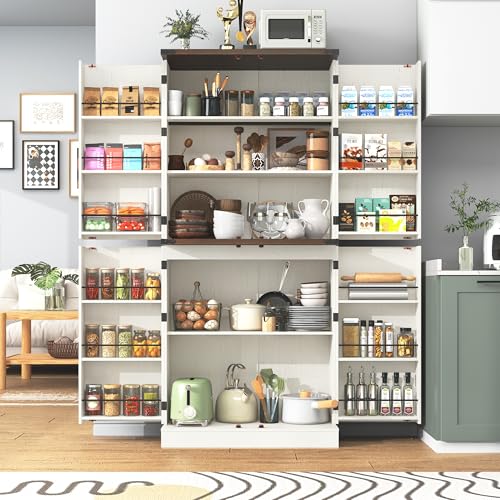 Farmhouse-Kitchen-Pantry-Cabinet-71-Tall-Storage-Cabinet-with-Adjustable-Shelves-4-Barn-Doors-Drawer-Rustic-Wood-Cupboard-for-Kitchen-Dining-Room-Living-Room-White Farmhouse Kitchen Pantry Cabinet 71 Tall Storage Cabinet with Adjustable Shelves 4 Barn Doors Drawer Rustic Wood Cupboard for Kitchen Dining Room Living Room White