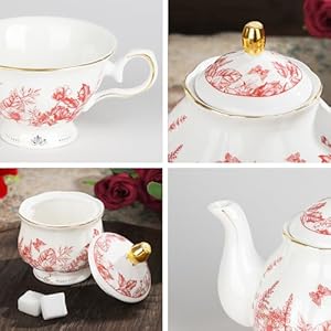 fanquare Vintage Porcelain Tea Set with Holder 22 Piece Red Floral New Bone China Tea Coffee Gift Sets for Wedding Birthday 6 Tea Cup and Saucers for Women Tea Party