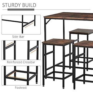 HOMCOM 5 Piece Industrial Dining Table Set Bar Table 4 Stools Set Space Saving for Pub Kitchen BlackBrown