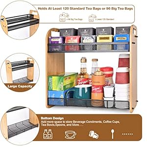 Tea Bag Organizer Large Capacity Tea Organizer for Tea Bags Bamboo Multi functional Storage Coffee Bar Accessories for Home Office Kitchen Counter Cabinet Pantry Organizer