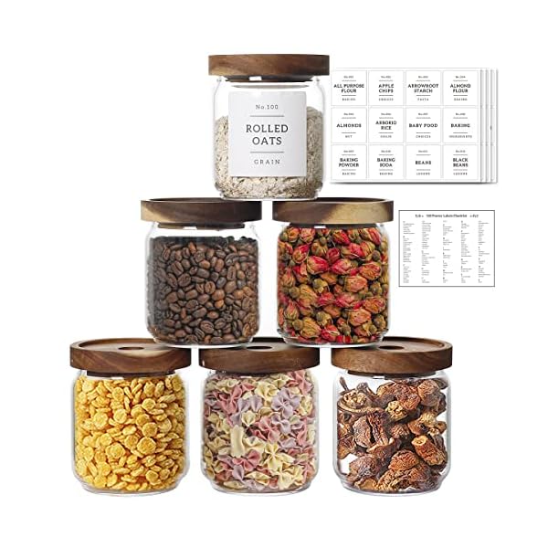   16-OZ-Stackable-Glass-Food-Storage-Jars-with-132-Pantry-Labels-Preprinted-6-Pcs-Thicken-Glass-Storage-Containers-with-Airtight-Acacia-Lid-Clear-Kitchen-Canister-for-Spice-Tea-Coffee-Sugar