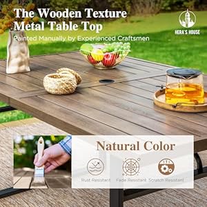 HERAS HOUSE 7 Piece Outdoor Dining Set Patio Dining Furniture Set for 6 64 Rectangular Faux Woodgrain Metal Table with 6 Cushioned Patio Chairs Patio Table and Chairs for Garden Lawn Backyard