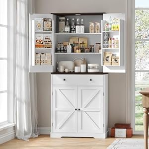 71 Tall Farmhouse Kitchen Pantry with 6 Door Shelves Drawer Wood Pantry Storage Cabinet with 2 Adjustable Shelves 4 Barn Doors Freestanding Cupboard for Kitchen Dining Room White