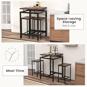 GOFLAME 3 Piece Bar Table Set Square Counter Height Table and Stools with Floating Tabletop Footrest Industrial Pub Table Set with Metal Frame for Breakfast Nook Kitchen Small Space