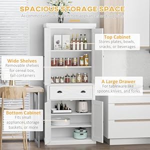   HOMCOM-72-Kitchen-Pantry-Storage-Cabinet-Traditional-Freestanding-Cupboard-with-4-Doors-and-3-Adjustable-Shelves-Large-Central-Drawer-X-Frame-White