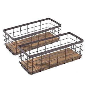 TIEYIPIN Small Metal Wire Storage Basket Detachable Wood Base Storage Organizer Bin Basket for Kitchen Cabinets Bathroom Pantry Garage Laundry Room Brown 2 Pack